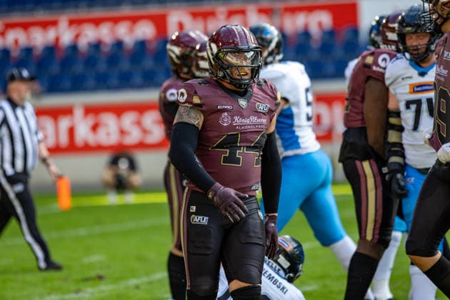 44 Marius Kensy (Linebacker) Rhein Fire Rhein Fire vs Panthers Wroclaw, American Football, American Football League Europe, Week 8, 2026, 12.07.2026, Duisburg Schauinsland-Reisen-Arena Germany Copyright: xFootxBowl ChristopherxMettkenx