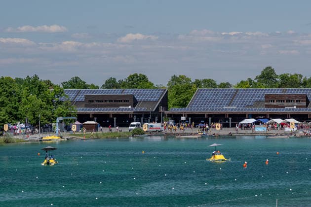Der Zielbereich der Olympia-Ruderregattastrecke GER, Drachenboot - Europameisterschaften Muenchen - Oberschleissheim, 12.07.2026 Foto: HMB Media Heike Feiner *** The finish area of the GER Olympic rowing course, European Dragon Boat Championships, Munich-Oberschleissheim, July 12, 2026. Photo: HMB Media, Heike Feiner Copyright: HMBxMedia HeikexFeiner