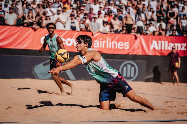 Beachvolleyball Männer Allianz German Beach Tour 2026 Tourstop München 12.07.2026 Elouan Chouikh-Barbez (Frankreich) Annahme München Zentraler Hochschulsport: Beach- Bayern Deutschland *** Men s Beach Volleyball Allianz German Beach Tour 2026, Munich Stop, July 12, 2026, Elouan Chouikh, Barbez, France, Hosted by Munich Central University Sports, Beach Bayern, Germany