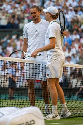 Tennis - Wimbledon Championship 2026 - Day 14 LONDON, ENGLAND - Sunday, July 12, 2026: Jannik Sinner (ITA) (R) with Alexander Zverev (GER) he celebrates winning the Gentlemen s Singles Final match on Day Fourteen of The Championships Wimbledon 2026 at the All England Lawn Tennis and Croquet Club. (Photo by Kirsten Holst Propaganda) LONDON All England Lawn Tennis and Croq GREATER LONDON ENGLAND  Copyright: xKirstenxHolstx 2026-07-12-069-Wimbledon_Day_14