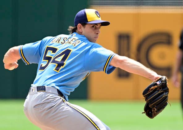 Milwaukee Brewers pitchers Robert Gasser (54) throws in the first inning against the Pittsburgh Pirates at PNC Park on Sunday, July 12, 2026 in Pittsburgh.  PIT2026071208 ArchiexCarpenter