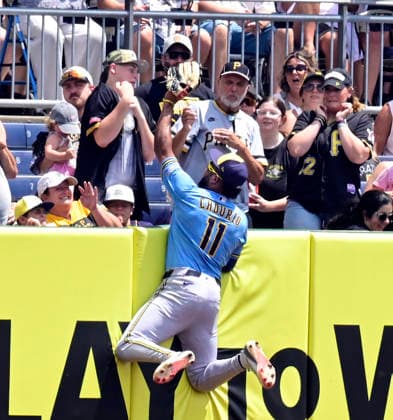 Pittsburgh Pirates fans react as Milwaukee Brewers left fielder Jackson Chourio (11) leaps into the air attempting to make the catch on Pittsburgh Pirates Henry Davis homer at PNC Park on Sunday, July 12, 2026 in Pittsburgh.  PIT2026071215 ArchiexCarpenter
