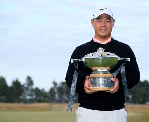 UK: The Genesis Scottish Open at The Renaissance Club, North Berwick, Scotland on 12 July 2026: Pictured: Tom Kim (South Korea) with the Genesis Scottish Open Championship 2026 trophy North Berwick The Renaissance Club Scotland Scotland Copyright: xAlexxToddx