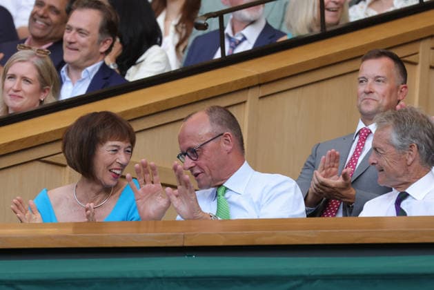 Friedrich Merz, GER (middle), during final of 2026 All England Lawn Tennis Championships at Wimbledon, mens singles, London, 12 07 2026; - *** Friedrich Merz, GER (center), during the final of the 2026 All England Lawn Tennis Championships at Wimbledon, men s singles, London, July 12, 2026 