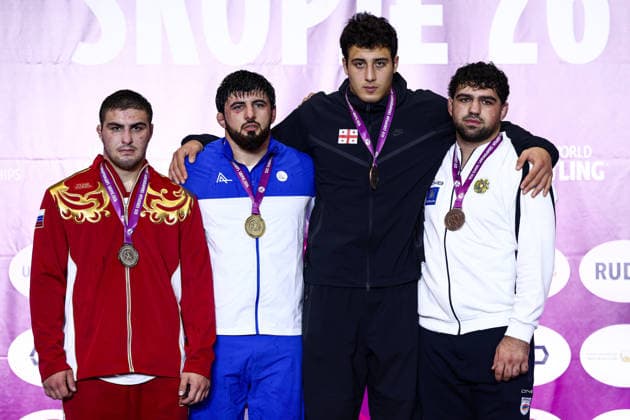 U20 European Championships Podium 125kg FS - Gold: Yusif Dursunov (AZE), Silver: Soslan Gabuev (RUS), Bronze: Aleksandre Abramishvili (GEO), Henrik Haykyan (ARM) *** U20 European Championships Podium: 125 kg Freestyle—Gold: Yusif Dursunov (AZE); Silver: Soslan Gabuev (RUS); Bronze: Aleksandre Abramishvili (GEO); Henrik Haykyan (ARM) Copyright: xJakexKirkmanx xUnitedxWorldxWresx Jake Kirkman United World Wres