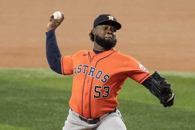 July 12, 2026, Arlington, Texas, USA: Houston Astros pitcher CRISTIAN JAVIER (53) during a MLB, Baseball Herren, USA game between the Houston Astros and Texas Rangers at Globe Life Field. Rangers win 6-5. MLB 2026: Rangers 6:5 Astros  - ZUMAf180 20260712_zsp_f180_036 Copyright: xMarkxFannx
