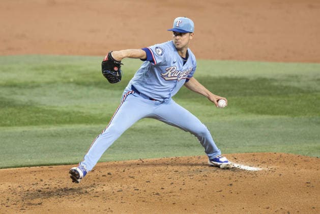 July 12, 2026, Arlington, Texas, USA: Texas Rangers pitcher MACKENZIE GORE (1) during a MLB, Baseball Herren, USA game between the Houston Astros and Texas Rangers at Globe Life Field. Rangers win 6-5. MLB 2026: Rangers 6:5 Astros  - ZUMAf180 20260712_zsp_f180_037 Copyright: xMarkxFannx