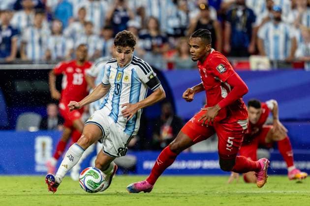 KANSAS CITY, MISSOURI - JULY 11: Julian Alvarez of Argentina scores a goal during the FIFA World Cup, WM, Weltmeisterschaft, Fussball 2026 Quarter Final match between Argentina and Switzerland at Kansas City Stadium on July 11, 2026 in Kansas City, Missouri.  Copyright: xVCGx 111653836557