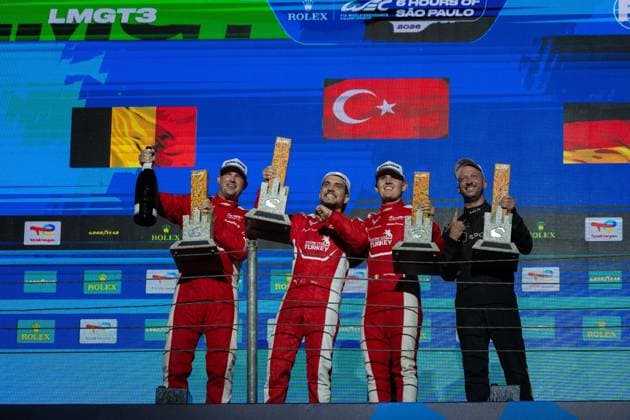 6 hours of Sao Paulo FIA WEC SAO PAULO, BRAZIL - JULY 12: Racing Team Turkiye by TF drivers, winners of the LMGT3 category of the FIA WEC 6 Hours of Sao Paulo, 4th round of the 2026 FIA World Endurance Championship at Interlagos Speedway in Sao Paulo, Brazil, on July 12, 2026. Stringer Anadolu Sao Paulo Brazil. Editorial use only. Please get in touch for any other usage.  Copyright: x2026xAnadoluxStringerx