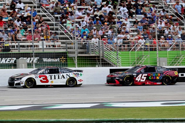 HAMPTON, GA - JULY 12: 45 Tyler Reddick, 23XI Racing, Chumba Casino Toyota Camry chases 3 Austin Dillon, Richard Childress Racing, Titan Risk Solutions Chevrolet Camaro during the NASCAR, Motorsport, USA Cup Series Quaker State 400 race on July 12, 2026 at EchoPark Speedway in Hampton, Georgia. (Photo by David J. Griffin Icon Sportswire) AUTO: JUL 12 NASCAR Cup Series Quaker State 400 EDITORIAL USE ONLY Icon9532607121657