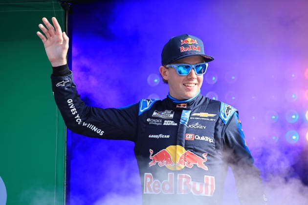 ATLANTA, GA - JULY 12: Conor Zilisch ( 88 TrackHouse Racing Red Bull Chevrolet) waves to the crowd during driver introductions prior to the running of the NASCAR, Motorsport, USA Cup Series Quaker State 400 on July 12, 2026 at EchoPark Speedway in Hampton, GA. (Photo by Jeff Robinson Icon Sportswire) AUTO: JUL 12 NASCAR Cup Series Quaker State 400 EDITORIAL USE ONLY Icon26071211980400