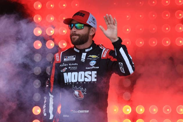 ATLANTA, GA - JULY 12: Ross Chastain ( 1 TrackHouse Racing Moose Fraternity Chevrolet) waves to the crowd during driver introductions prior to the running of the NASCAR, Motorsport, USA Cup Series Quaker State 400 on July 12, 2026 at EchoPark Speedway in Hampton, GA. (Photo by Jeff Robinson Icon Sportswire) AUTO: JUL 12 NASCAR Cup Series Quaker State 400 EDITORIAL USE ONLY Icon26071212496400