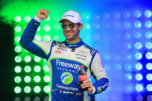 ATLANTA, GA - JULY 12: Daniel Suarez ( 7 Spire Motorsports Freeway Insurance Chevrolet) waves to the crowd during driver introductions prior to the running of the NASCAR, Motorsport, USA Cup Series Quaker State 400 on July 12, 2026 at EchoPark Speedway in Hampton, GA. (Photo by Jeff Robinson Icon Sportswire) AUTO: JUL 12 NASCAR Cup Series Quaker State 400 EDITORIAL USE ONLY Icon26071212563400