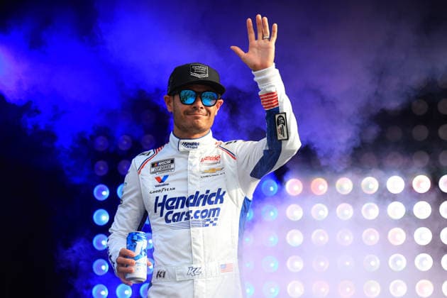 ATLANTA, GA - JULY 12: Kyle Larson ( 5 Hendrick Motorsports HendrickCars.com Chevrolet) waves to the crowd during driver introductions prior to the running of the NASCAR, Motorsport, USA Cup Series Quaker State 400 on July 12, 2026 at EchoPark Speedway in Hampton, GA. (Photo by Jeff Robinson Icon Sportswire) AUTO: JUL 12 NASCAR Cup Series Quaker State 400 EDITORIAL USE ONLY Icon26071212648400