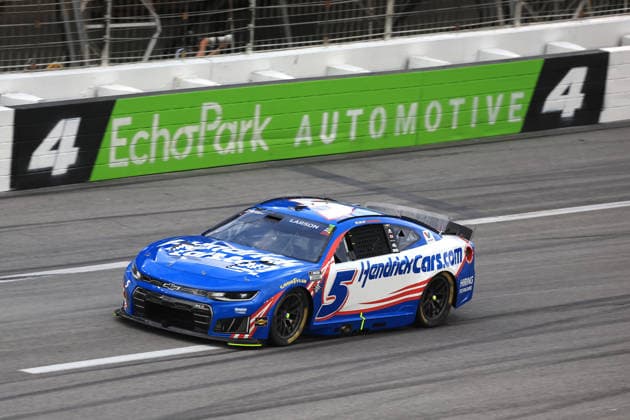 ATLANTA, GA - JULY 12: Kyle Larson ( 5 Hendrick Motorsports HendrickCars.com Chevrolet) races into turn 4 during the running of the NASCAR, Motorsport, USA Cup Series Quaker State 400 on July 12, 2026 at EchoPark Speedway in Hampton, GA. (Photo by Jeff Robinson Icon Sportswire) AUTO: JUL 12 NASCAR Cup Series Quaker State 400 EDITORIAL USE ONLY Icon26071213097400