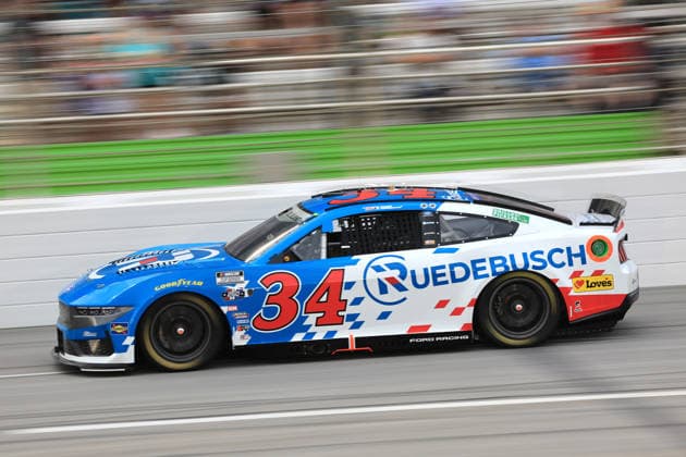 ATLANTA, GA - JULY 12: Todd Gilliland ( 34 Front Row Motorsports Ruedebusch Development & Construction, Inc. Ford) races into the tri-oval during the running of the NASCAR, Motorsport, USA Cup Series Quaker State 400 on July 12, 2026 at EchoPark Speedway in Hampton, GA. (Photo by Jeff Robinson Icon Sportswire) AUTO: JUL 12 NASCAR Cup Series Quaker State 400 EDITORIAL USE ONLY Icon26071213248400