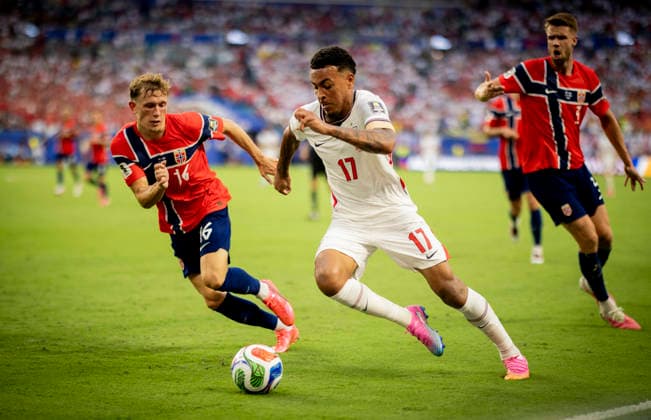 Miami, USA 11th Jul 2026. Morgan Rogers (ENG) Marcus Pedersen (NOR) Kristoffer Ajer (NOR) Norway - England World Cup Norwegen - England 11.07.2026 *** Miami, USA, July 11, 2026 Morgan Rogers (ENG) Marcus Pedersen (NOR) Kristoffer Ajer (NOR) Norway England World Cup Norway England July 11, 2026