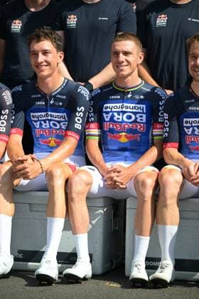 German Florian Lipowitz of Red Bull-BORA-hansgrohe and Belgian Remco Evenepoel of Red Bull-BORA-hansgrohe pictured ahead of a training on the first rest day at the 2026 Tour de France cycling race, a stage of 185km from Malemort to Ussel, on Monday 13 July 2026. The 113th edition of the Tour de France starts on Saturday 4 July in Barcelona, Spain, and will finish in Paris, France on the 26th of July. DAVIDxPINTENS  x181050880x
