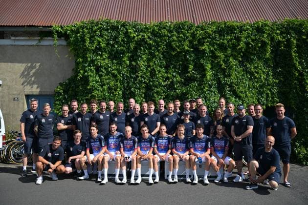 Red Bull-BORA-hansgrohe riders pose for a family portrait ahead of a training on the first rest day at the 2026 Tour de France cycling race, a stage of 185km from Malemort to Ussel, on Monday 13 July 2026. The 113th edition of the Tour de France starts on Saturday 4 July in Barcelona, Spain, and will finish in Paris, France on the 26th of July. DAVIDxPINTENS  x181050975x