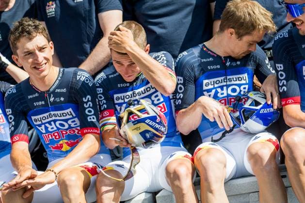 German Florian Lipowitz of Red Bull-BORA-hansgrohe and Belgian Remco Evenepoel of Red Bull-BORA-hansgrohe poses for the photographer at the first rest day at the 2026 Tour de France cycling race, a stage of 185km from Malemort to Ussel, on Monday 13 July 2026. The 113th edition of the Tour de France starts on Saturday 4 July in Barcelona, Spain, and will finish in Paris, France on the 26th of July. JASPERxJACOBS  x181051575x
