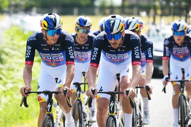 German Florian Lipowitz of Red Bull-BORA-hansgrohe and German Nico Denz of Red Bull-BORA-hansgrohe pictured during a training on the first rest day at the 2026 Tour de France cycling race, a stage of 185km from Malemort to Ussel, on Monday 13 July 2026. The 113th edition of the Tour de France starts on Saturday 4 July in Barcelona, Spain, and will finish in Paris, France on the 26th of July. DAVIDxPINTENS  x181051813x