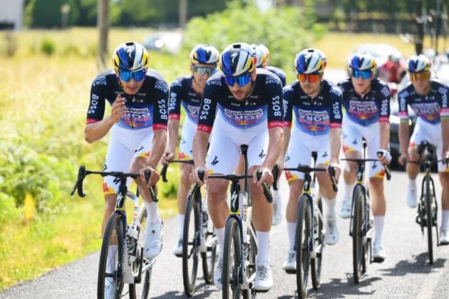 German Florian Lipowitz of Red Bull-BORA-hansgrohe and German Nico Denz of Red Bull-BORA-hansgrohe pictured during a training on the first rest day at the 2026 Tour de France cycling race, a stage of 185km from Malemort to Ussel, on Monday 13 July 2026. The 113th edition of the Tour de France starts on Saturday 4 July in Barcelona, Spain, and will finish in Paris, France on the 26th of July. DAVIDxPINTENS  x181052018x
