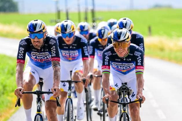 Italian Mattia Cattaneo of Red Bull-BORA-hansgrohe and Belgian Remco Evenepoel of Red Bull-BORA-hansgrohe pictured in action during a training on the first rest day at the 2026 Tour de France cycling race, a stage of 185km from Malemort to Ussel, on Monday 13 July 2026. The 113th edition of the Tour de France starts on Saturday 4 July in Barcelona, Spain, and will finish in Paris, France on the 26th of July. DAVIDxPINTENS  x181052384x