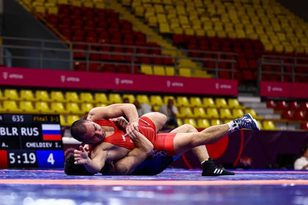 U20 European Championships 74kg FS - Inal Cheldiev (RUS) df. Artsiom Bolsun (BLR) *** U20 European Championships, 74 kg Freestyle: Inal Cheldiev (RUS) defeated Artsiom Bolsun (BLR) by decision Copyright: xJakexKirkmanx xUnitedxWorldxWresx Jake Kirkman United World Wres