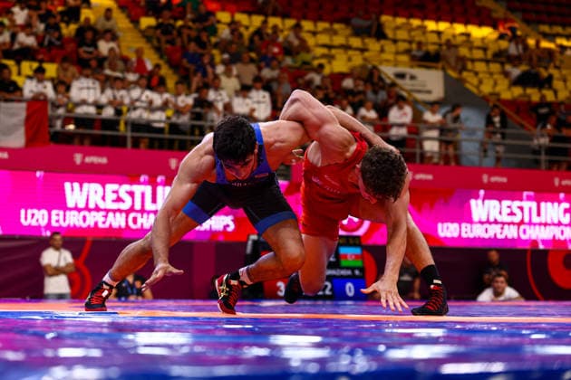 U20 European Championships 74kg FS - Manuel Wagin (GER) df. Nurlan Aghazada (AZE) *** U20 European Championships, 74 kg Freestyle: Manuel Wagin (GER) def. Nurlan Aghazada (AZE) Copyright: xJakexKirkmanx xUnitedxWorldxWresx Jake Kirkman United World Wres