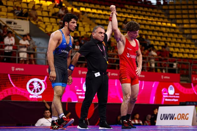 U20 European Championships 74kg FS - Manuel Wagin (GER) df. Nurlan Aghazada (AZE) *** U20 European Championships, 74 kg Freestyle: Manuel Wagin (GER) def. Nurlan Aghazada (AZE) Copyright: xJakexKirkmanx xUnitedxWorldxWrestlingx Jake Kirkman United World Wrestling