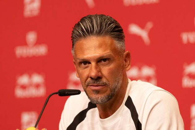 GER, Leipzig, Fussball, Pressekonferenz, offizielle Vorstellung des neuen Cheftrainers Martin Demichelis bei RB Leipzig im Bild v.l.: Martin Demichelis (Cheftrainer RB Leipzig), 13.07.2026, RB Leipzig Trainingsakademie Cottaweg Leipzig DFL DFB REGULATIONS PROHIBIT ANY USE OF PHOTOGRAPHS AS IMAGE SEQUENCES AND OR QUASI-VIDEO, *** GER, Leipzig, Soccer, Press Conference, Official Introduction of New Head Coach Martin Demichelis at RB Leipzig (pictured, from left: Martin Demichelis, Head Coach of RB Leipzig), July 13, 2026, RB Leipzig Training Academy, Cottaweg, Leipzig. DFL and DFB regulations prohibit any use of photographs as image sequences and or quasi-video, Copyright: HMBxMedia PaulxFritz