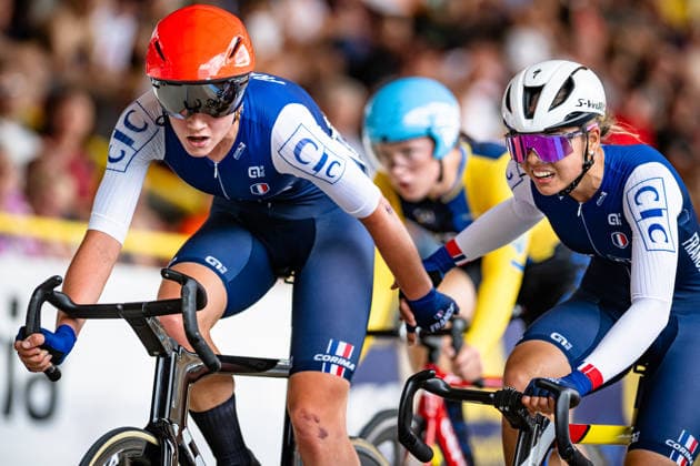 BIHAN Zoe, MONNIER Dorine: UEC Track cycling, Rad, Radsport, Bahnrad, Bahn European Championships U19 U23 Cottbus 2026 Black - BIHAN Zoe - Red - MONNIER Dorine ( FRA ) France Querformat - quer - horizontal - Landscape - Event Veranstaltung: UEC Track Cycling European Championships 2026 U19 U23 - Category Kategorie: Cycling - Track Cycling European Championships - Location Ort: Europe - Germany - Brandenburg - Cottbus - Lausitz Velodrom - Discipline: Madison - Category: Elite Women - U19 - Distance: 20 km - Date Datum: 12.07.2026 Sunday Day 6 - *** BIHAN Zoe, MONNIER Dorine UEC Track Cycling European Championships U19 U23 Cottbus 2026 Black BIHAN Zoe Red MONNIER Dorine FRA France Landscape Event UEC Track Cycling European Championships 2026 U19 U23 Category Cycling Track Cycling European Championships Location Europe, Germany, Brandenburg, Cottbus, Lausitz Velodrom, Discipline: Madison, Category: Elite Women U19, Distance: 20 km, Date: July 12, 2026 (Sunday), Day 6