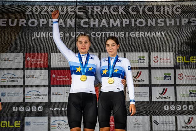 KOSTINA Olga, NOVOLODSKAYA Angelina: UEC Track cycling, Rad, Radsport, Bahnrad, Bahn European Championships U19 U23 Cottbus 2026 Black - KOSTINA Olga - Red - NOVOLODSKAYA Angelina ( RUS ) Russia Winner - First Place - Award Ceremony - Medal Ceremony - Podium - Querformat - quer - horizontal - Landscape - Event Veranstaltung: UEC Track Cycling European Championships 2026 U19 U23 - Category Kategorie: Cycling - Track Cycling European Championships - Location Ort: Europe - Germany - Brandenburg - Cottbus - Lausitz Velodrom - Discipline: Madison - Category: Elite Women - U19 - Distance: 20 km - Date Datum: 12.07.2026 Sunday Day 6 - *** KOSTINA Olga, NOVOLODSKAYA Angelina UEC Track Cycling European Championships U19 U23 Cottbus 2026 Black KOSTINA Olga Red NOVOLODSKAYA Angelina RUS Russia Winner First Place Award Ceremony Medal Ceremony Podium Landscape Format Landscape Event UEC Track Cycling European Championships 2026 U19 U23 Category Cycling Track Cycling European Championships Location Europe Germany Brandenburg Cottbus Lausitz Velodrom Discipline Madison Category Elite Women U19 Distance 20 km Date July 12, 2026 Sunday Day 6