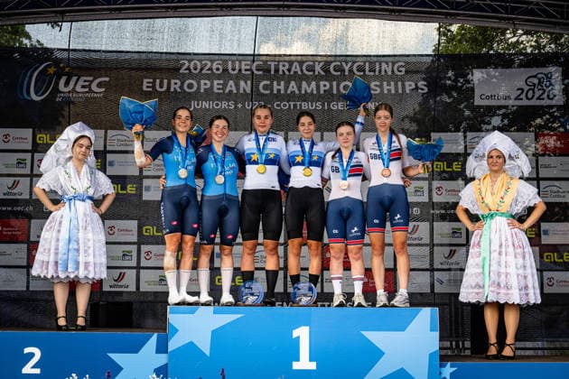 CAMPANA Agata, ROSSIGNOLI Matilde, KOSTINA Olga, NOVOLODSKAYA Angelina, ROWE Melanie, TAYLOR Phoebe: UEC Track cycling, Rad, Radsport, Bahnrad, Bahn European Championships U19 U23 Cottbus 2026 Black - CAMPANA Agata - Red - ROSSIGNOLI Matilde ( ITA ) Italy Second Place - Black - KOSTINA Olga - Red - NOVOLODSKAYA Angelina ( RUS ) Russia Winner - First Place - Black - ROWE Melanie - Red - TAYLOR Phoebe ( GBR ) Great Britain Third Place - Award Ceremony - Medal Ceremony - Podium - Querformat - quer - horizontal - Landscape - Event Veranstaltung: UEC Track Cycling European Championships 2026 U19 U23 - Category Kategorie: Cycling - Track Cycling European Championships - Location Ort: Europe - Germany - Brandenburg - Cottbus - Lausitz Velodrom - Discipline: Madison - Category: Elite Women - U19 - Distance: 20 km - Date Datum: 12.07.2026 Sunday Day 6 - *** CAMPANA Agata, ROSSIGNOLI Matilde, KOSTINA Olga, NOVOLODSKAYA Angelina, ROWE Melanie, TAYLOR Phoebe UEC Track Cycling European Championships U19 U23 Cottbus 2026 Black CAMPANA Agata Red ROSSIGNOLI Matilde ITA Italy Second Place Black KOSTINA Olga Red NOVOLODSKAYA Angelina RUS Russia Winner First Place Black ROWE Melanie Red TAYLOR Phoebe GBR Great Britain Third Place Award Ceremony Medal Ceremony Podium Landscape Format Landscape Event UEC Track Cycling European Championships 2026 U19 U23 Category Cycling Track Cycling European Championships Location Europe Germany Brandenburg Cottbus Lausitz Velodrom Discipline Madison Category Elite Women U19 Distance 20 km Date July 12, 2026 Sunday Day 6