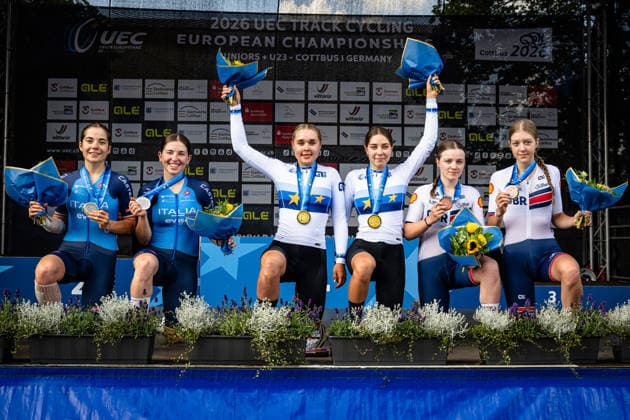 CAMPANA Agata, ROSSIGNOLI Matilde, KOSTINA Olga, NOVOLODSKAYA Angelina, ROWE Melanie, TAYLOR Phoebe: UEC Track cycling, Rad, Radsport, Bahnrad, Bahn European Championships U19 U23 Cottbus 2026 Black - CAMPANA Agata - Red - ROSSIGNOLI Matilde ( ITA ) Italy Second Place - Black - KOSTINA Olga - Red - NOVOLODSKAYA Angelina ( RUS ) Russia Winner - First Place - Black - ROWE Melanie - Red - TAYLOR Phoebe ( GBR ) Great Britain Third Place - Award Ceremony - Medal Ceremony - Podium - Querformat - quer - horizontal - Landscape - Event Veranstaltung: UEC Track Cycling European Championships 2026 U19 U23 - Category Kategorie: Cycling - Track Cycling European Championships - Location Ort: Europe - Germany - Brandenburg - Cottbus - Lausitz Velodrom - Discipline: Madison - Category: Elite Women - U19 - Distance: 20 km - Date Datum: 12.07.2026 Sunday Day 6 - *** CAMPANA Agata, ROSSIGNOLI Matilde, KOSTINA Olga, NOVOLODSKAYA Angelina, ROWE Melanie, TAYLOR Phoebe UEC Track Cycling European Championships U19 U23 Cottbus 2026 Black CAMPANA Agata Red ROSSIGNOLI Matilde ITA Italy Second Place Black KOSTINA Olga Red NOVOLODSKAYA Angelina RUS Russia Winner First Place Black ROWE Melanie Red TAYLOR Phoebe GBR Great Britain Third Place Award Ceremony Medal Ceremony Podium Landscape Format Landscape Event UEC Track Cycling European Championships 2026 U19 U23 Category Cycling Track Cycling European Championships Location Europe Germany Brandenburg Cottbus Lausitz Velodrom Discipline Madison Category Elite Women U19 Distance 20 km Date July 12, 2026 Sunday Day 6