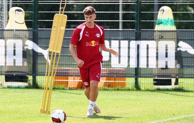 RB Leipzig Ð Trainingsstart Bundesliga Leipzig, 13.07.2026, Red Bull Akademie, Fussball, 1.Bundesliga, RB Leipzig , Pressekonferenz , Auftaktraining für die neue Spielzeit 2026 2027 , Im Bild: Brajan Gruda , Nur zur redaktionellen Nutzung. Only editorial use. , *** RB Leipzig – Start of Bundesliga Training, Leipzig, July 13, 2026, Red Bull Academy, Soccer, Bundesliga 1, RB Leipzig, Press Conference, First training session for the new 2026–2027 season, Pictured: Brajan Gruda, For editorial use only, Picture Point