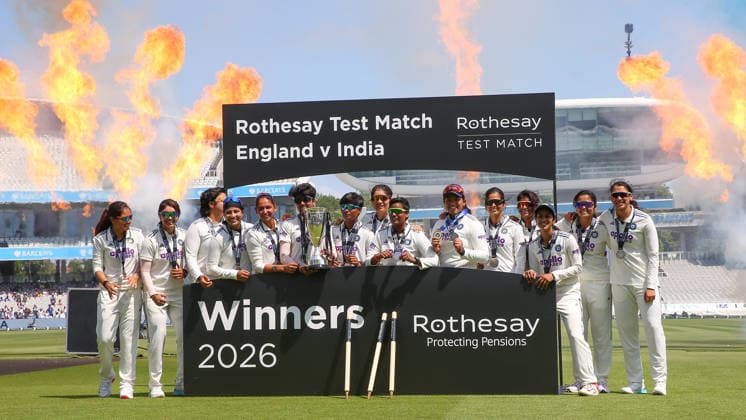 LONDON, ENGLAND - JULY 13: Players of India with trophy after victory during day 4 of the Rothesay Test Match between England and India at Lord s Cricket Ground on July 13, 2026 in London, England.  Copyright: xJayxPatel SPPx Sportspressphoto_SPR190270
