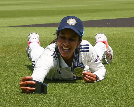 LONDON, ENGLAND - JULY 13: Jemimah Rodrigues of India poses for selfie with winner’s medal during day 4 of the Rothesay Test Match between England and India at Lord s Cricket Ground on July 13, 2026 in London, England.  Copyright: xJayxPatel SPPx Sportspressphoto_SPR190273