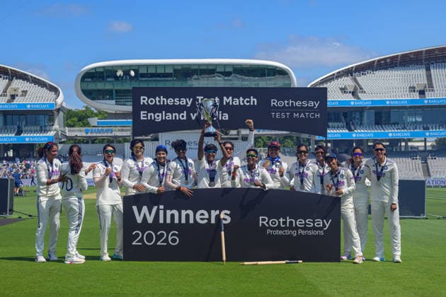 LONDON, ENGLAND JULY 13 - Players of India lifting trophy after winning the Rothesay Test Match game between England and India at Lord s Cricket Ground on July 13, 2026 in London , England . (Photo by Keeran Marquis Sports Press Photo)  Copyright: xKeeranxMarquis SPPx Sportspressphoto_SPR190286