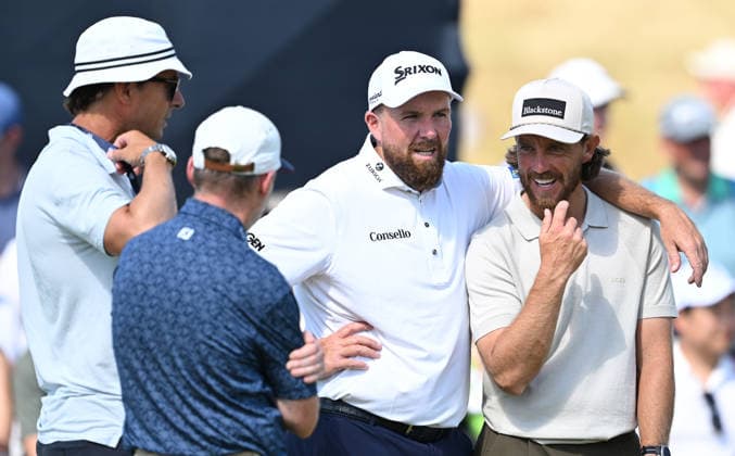 Shane Lowry (IRE) and Tommy Fleetwood (ENG) embrace on the Putting Green 154th Open Golf Championships, Royal Birkdale, Southport, UK - 13 Jul 2026Southport Royal Birkdale United Kingdom  Copyright: xGreigxCowie Shutterstockx 16988288by