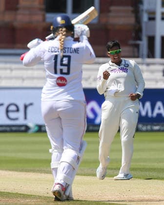 LONDON, ENGLAND - JULY 13: Deepti Sharma of India celebrates wicket of Sophie Ecclestone of England before reversed via DRS review during day 4 of the Rothesay Test Match between England and India at Lord s Cricket Ground on July 13, 2026 in London, England.  Copyright: xJayxPatel SPPx Sportspressphoto_SPR190319