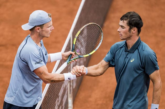 260713 Jesper de Jong of Netherlands and Vilius Gaubas of Lithuania during day 1 of the Nordea Open on July 13, 2026 in Bastad. Photo: Niclas Jönsson BILDBYRAN COP 273 NO0428 tennis ATP, Tennis Herren 250 nordea open tennislagetbbeng *** July 13, 2026: Jesper de Jong of the Netherlands and Vilius Gaubas of Lithuania during Day 1 of the Nordea Open on July 13, 2026 in Bastad. Photo by Niclas Jönsson, BILDBYRAN COP 273 NO0428 tennis atp 250 nordea open tennislagetbbeng  Copyright: NICLASxJÖNSSON BB260713NO092