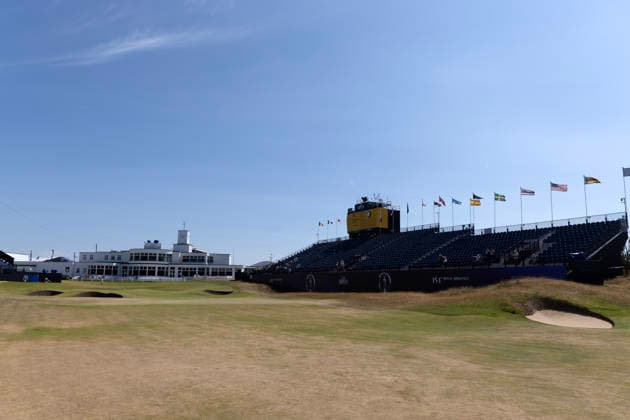 13th July 2026; Royal Birkdale Golf Club, Southport, Merseyside, England; The Open Championship Practice Day Two; a general view of the stands and clubhouse at the 18th hole DavidxBlunsden
