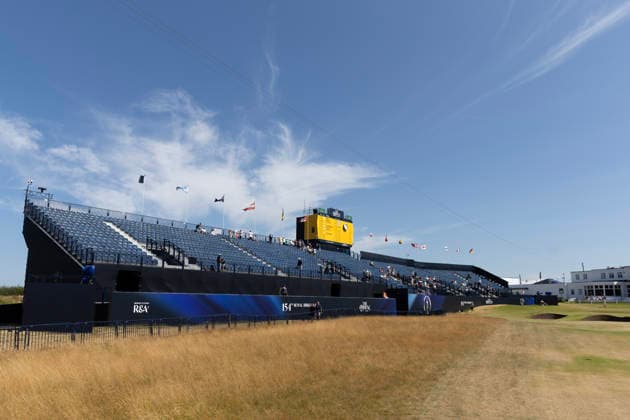 13th July 2026; Royal Birkdale Golf Club, Southport, Merseyside, England; The Open Championship Practice Day Two; a general view of the grandstand at the 18th hole DavidxBlunsden