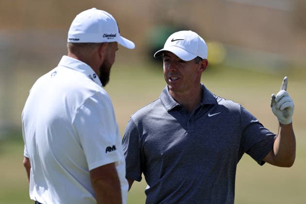 13th July 2026; Royal Birkdale Golf Club, Southport, Merseyside, England; The Open Championship Practice Day Two; Rory McIlroy (NIR) chats with Shane Lowry (IRE) DavidxBlunsden