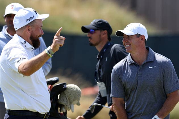 13th July 2026; Royal Birkdale Golf Club, Southport, Merseyside, England; The Open Championship Practice Day Two; Rory McIlroy (NIR) chats with Shane Lowry (IRE) DavidxBlunsden