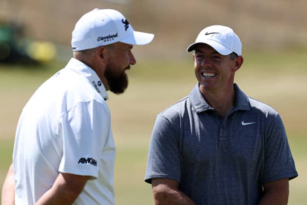 13th July 2026; Royal Birkdale Golf Club, Southport, Merseyside, England; The Open Championship Practice Day Two; Rory McIlroy (NIR) chats with Shane Lowry (IRE) DavidxBlunsden