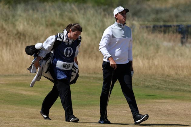 13th July 2026; Royal Birkdale Golf Club, Southport, Merseyside, England; The Open Championship Practice Day Two; Joe Dean with his fiancee Emily Lyle at the 18th hole DavidxBlunsden