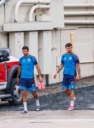 Spain national team, Nationalteam World Cup 13 07 2026 Rodrigo Hernandez of Spain (L) and Marc Pubill of Spain (R) during the Spanish national team s training session at Cotton Bowl in Dallas, United States of America on July 13, 2026. Photo (PGS Photo Agency) Dallas usa Copyright: xPGSxPhotoxAgencyx