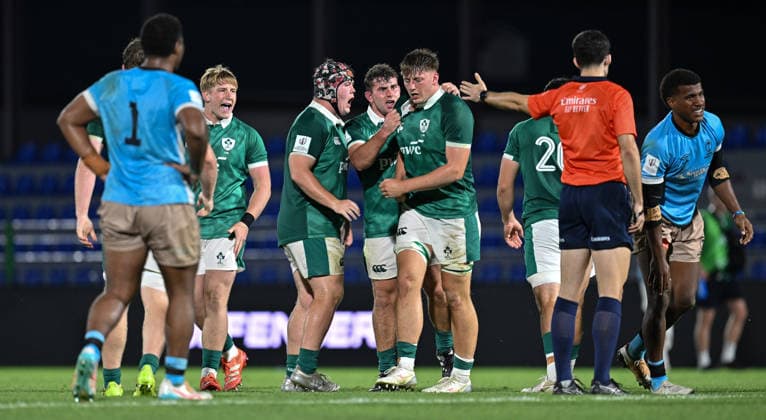 2026 World Rugby Junior World Championship, WM, Weltmeisterschaft 9th Place Play-off Semi-Final, AIA Stadium, Kutaisi, Georgia 13 7 2026 Ireland U20 vs Fiji U20 Ireland players celebrate a turnover Ireland players celebrate a turnover 13 7 2026  Copyright: xx Z99_1894